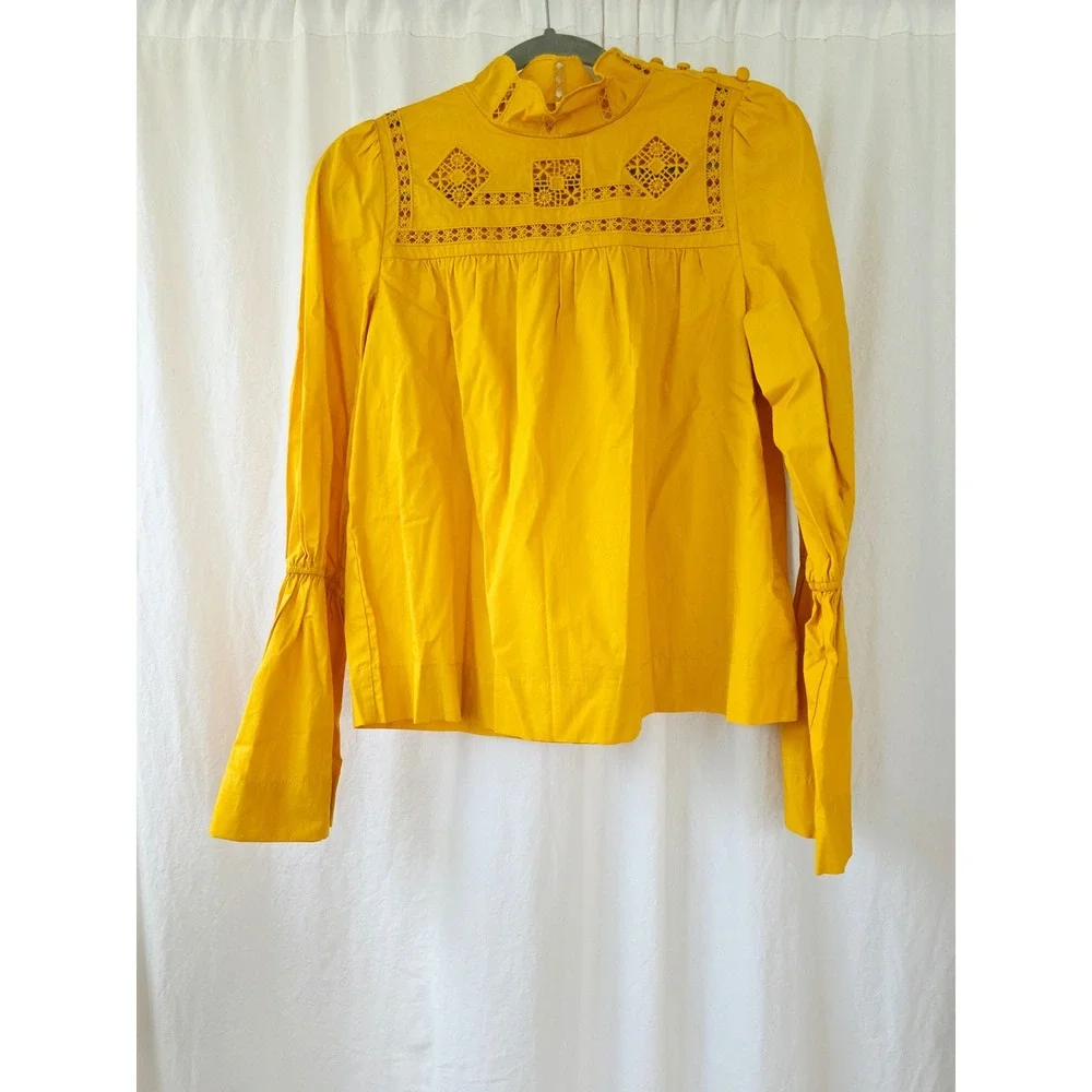 Free People another eternity Mustard Yellow eyelet Cotton Blouse XS Oversize new